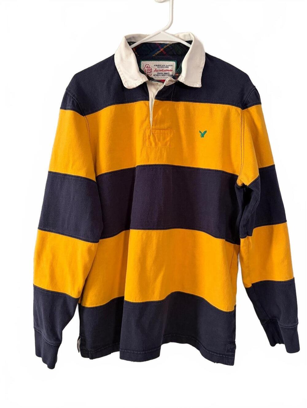 Vintage American Eagle Outfitters Rugby Polo Shirt Mens M Yellow Navy Striped LS
